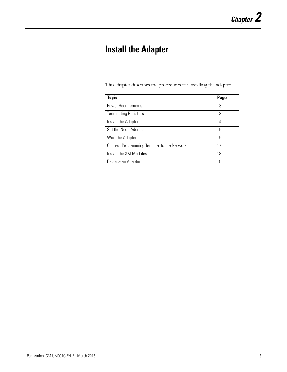 2 - install the adapter, Chapter 2, Install the adapter | Chapter | Rockwell Automation 1440-ACNR XM ControlNet Adapter User Manual | Page 9 / 48