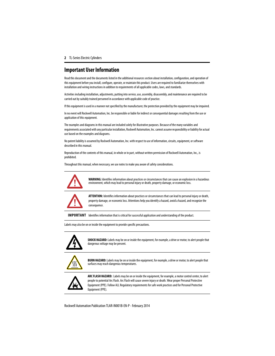 Important user information | Rockwell Automation TLAR Electric Cylinders  User Manual | Page 2 / 44