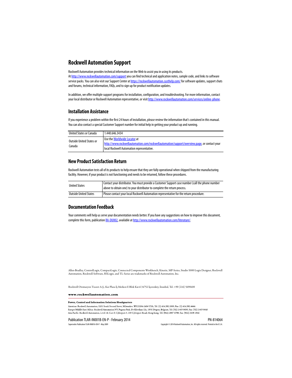 Rockwell automation support, Installation assistance, New product satisfaction return | Documentation feedback | Rockwell Automation TLAR Electric Cylinders  User Manual | Page 44 / 44