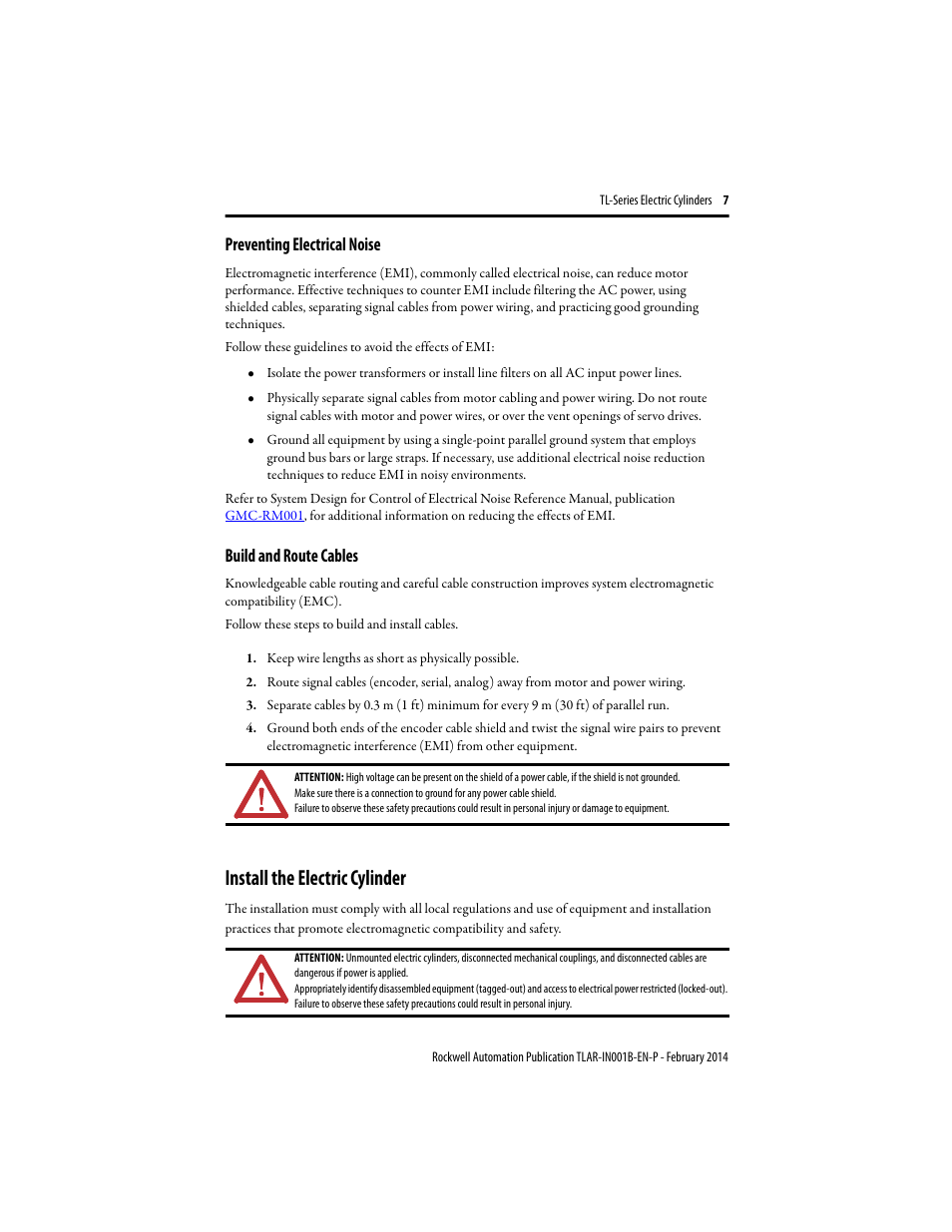 Preventing electrical noise, Build and route cables, Install the electric cylinder | Rockwell Automation TLAR Electric Cylinders  User Manual | Page 7 / 44
