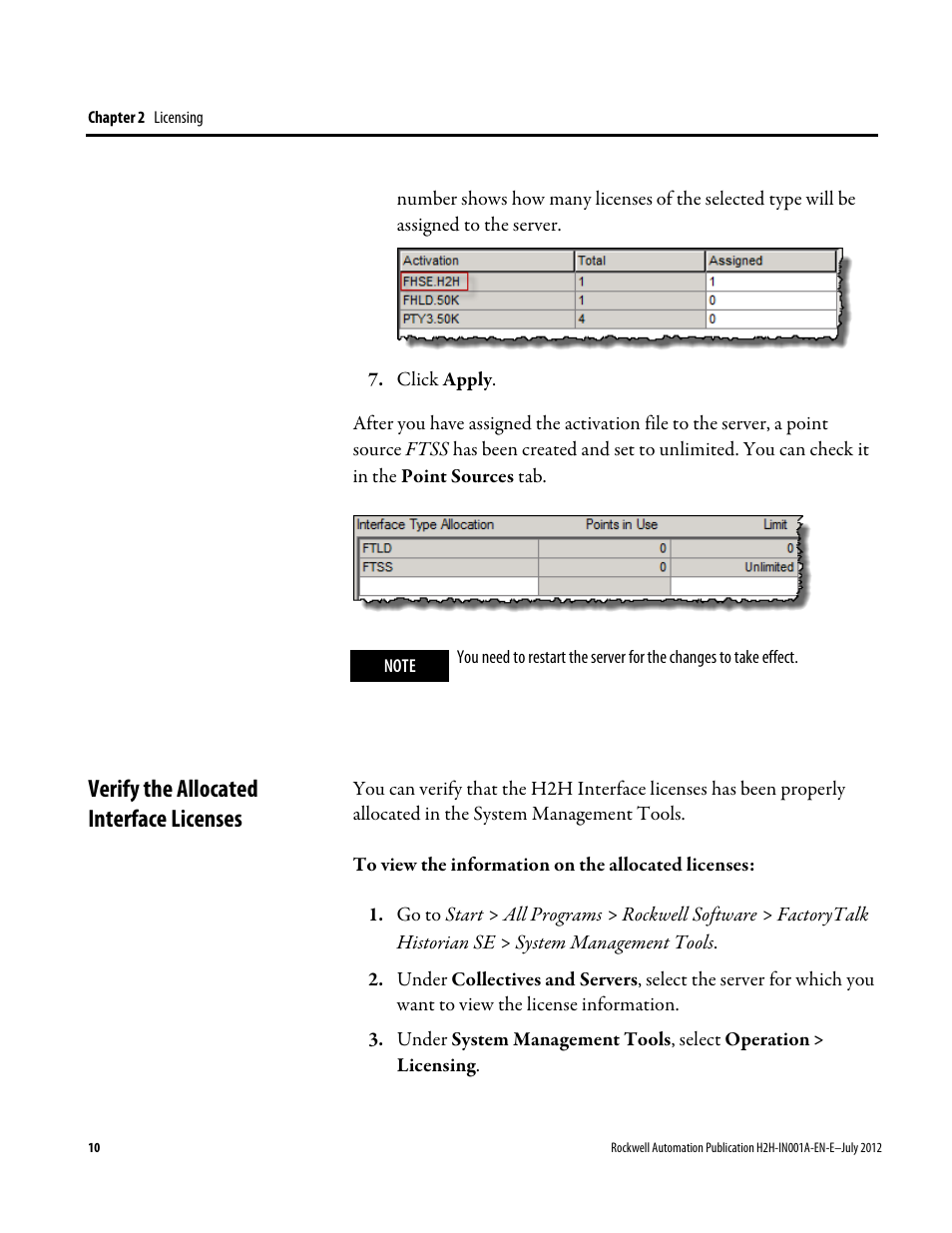 Verify the allocated interface licenses | Rockwell Automation FactoryTalk Historian SE 3.0 H2H Interface Installation and Configuration Guide User Manual | Page 10 / 32