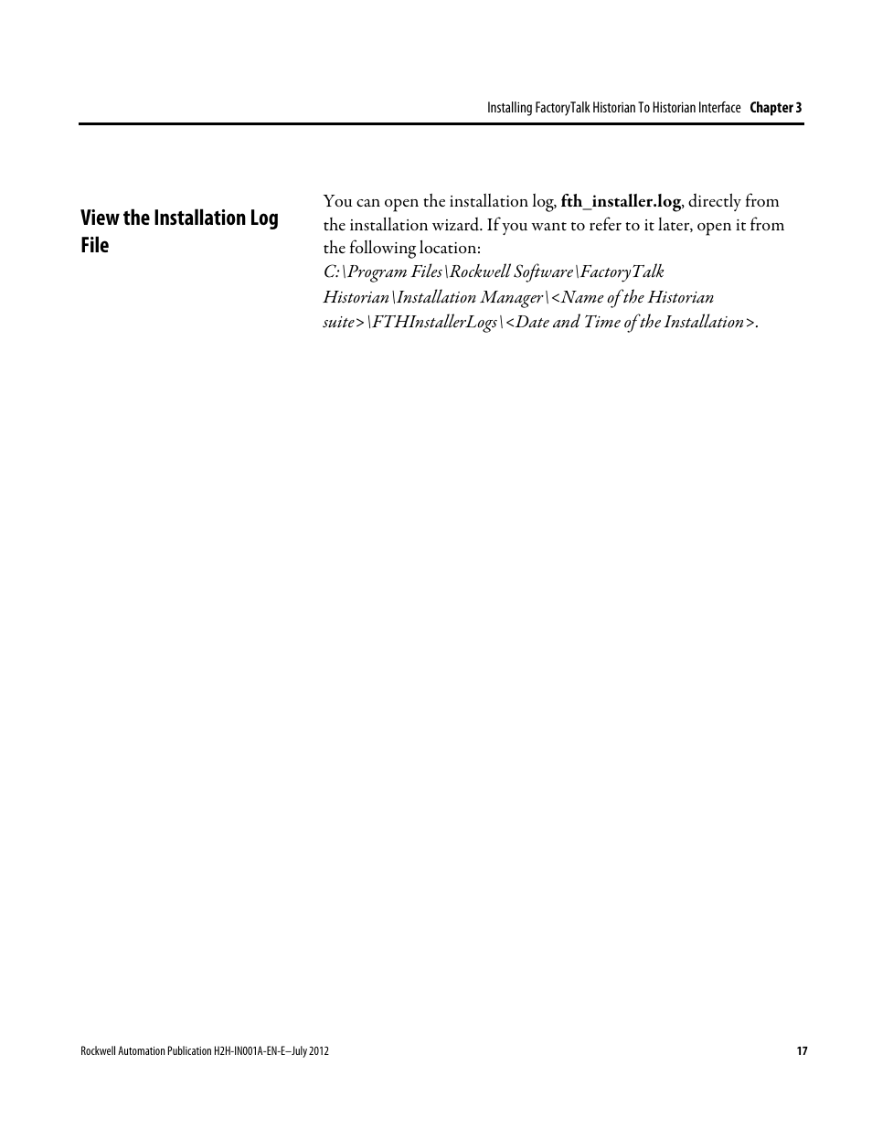 View the installation log file | Rockwell Automation FactoryTalk Historian SE 3.0 H2H Interface Installation and Configuration Guide User Manual | Page 17 / 32