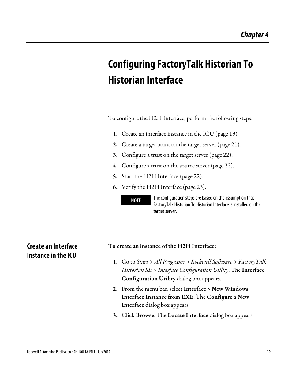 Create an interface instance in the icu, Chapter 4, Configuring factorytalk | Historian to historian interface | Rockwell Automation FactoryTalk Historian SE 3.0 H2H Interface Installation and Configuration Guide User Manual | Page 19 / 32