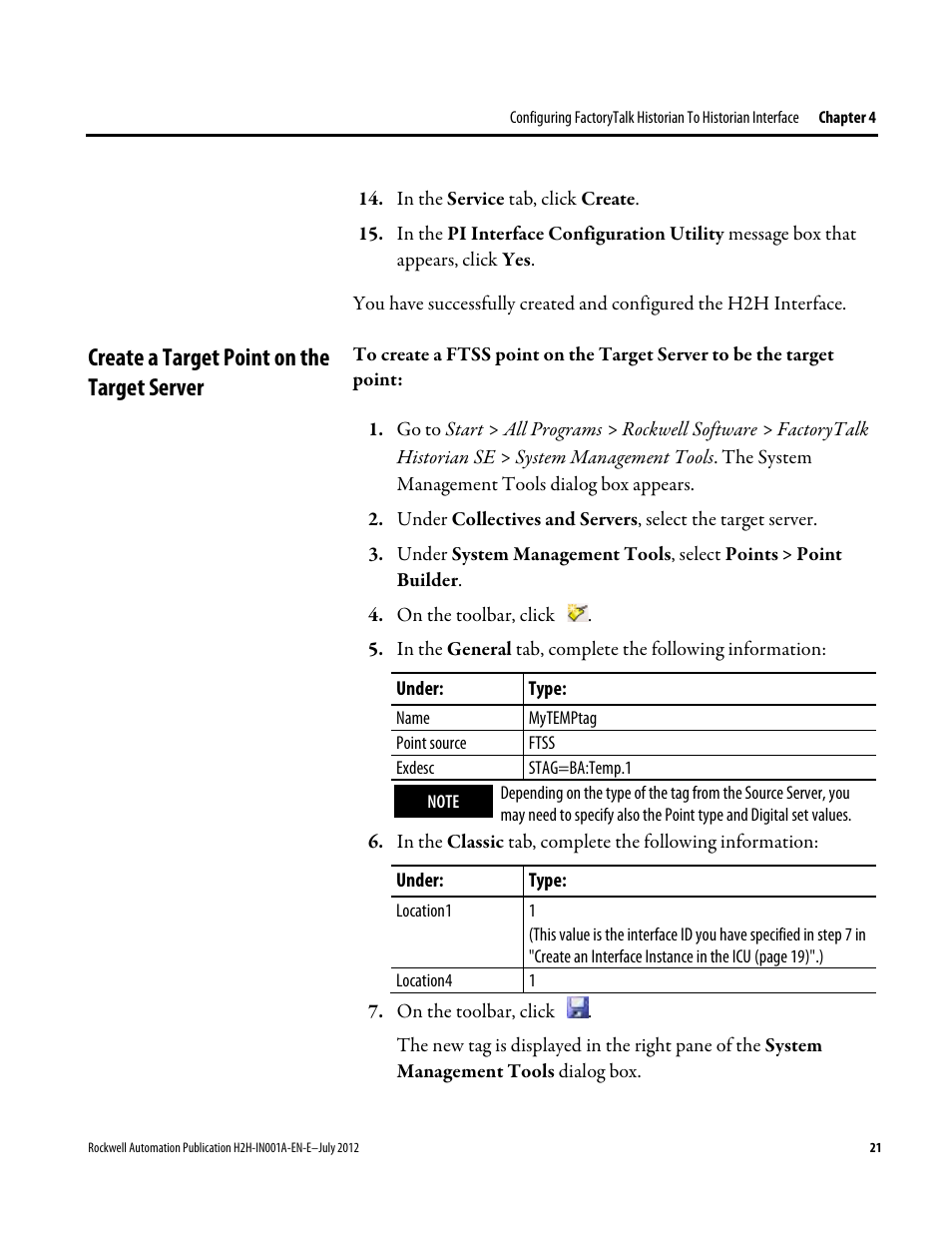 Create a target point on the target server | Rockwell Automation FactoryTalk Historian SE 3.0 H2H Interface Installation and Configuration Guide User Manual | Page 21 / 32