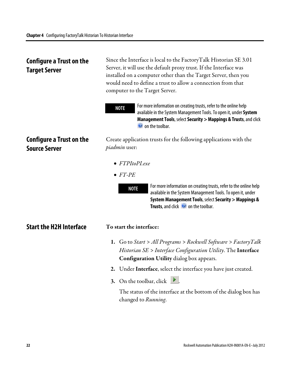 Configure a trust on the target server, Configure a trust on the source server, Start the h2h interface | E 22) | Rockwell Automation FactoryTalk Historian SE 3.0 H2H Interface Installation and Configuration Guide User Manual | Page 22 / 32