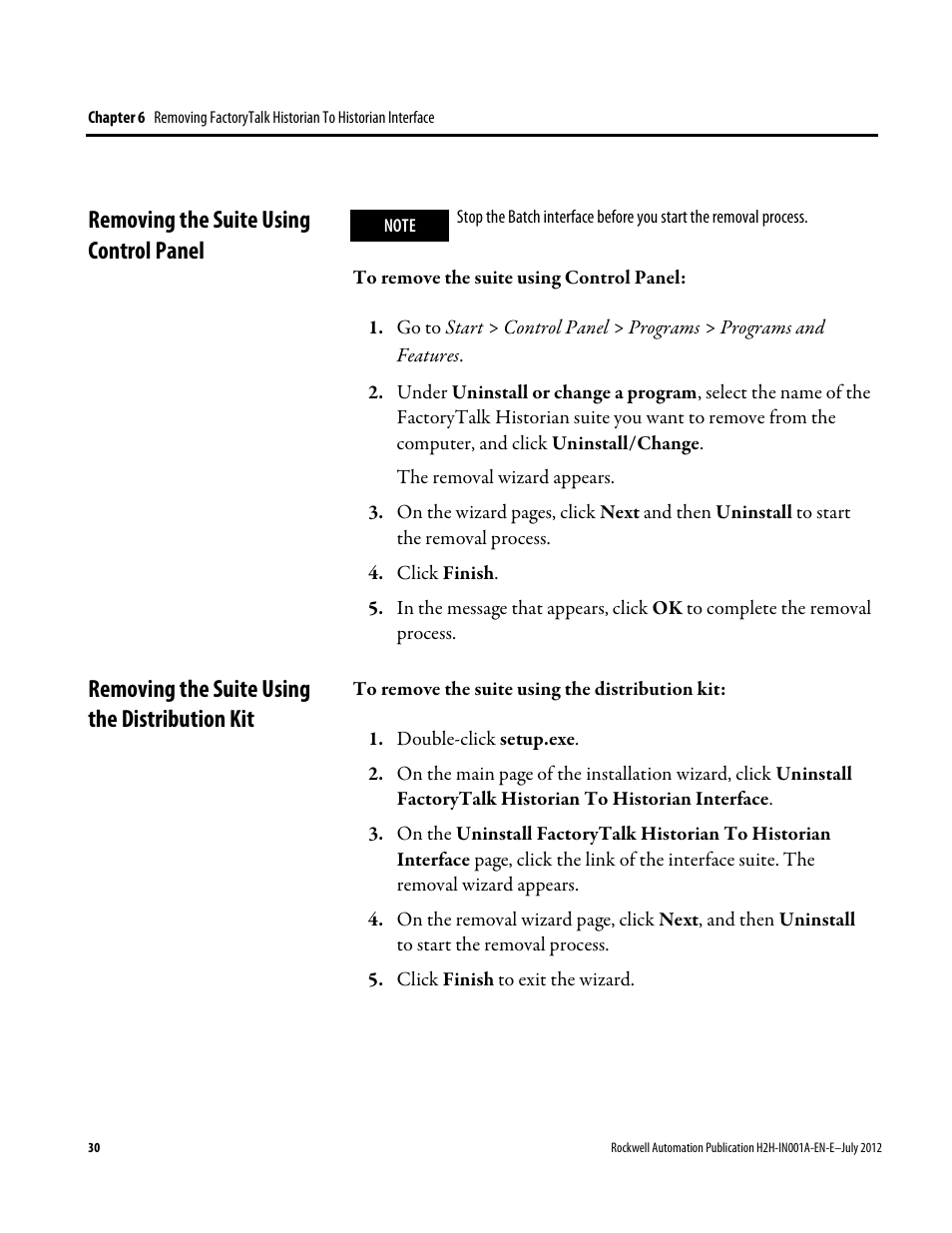 Removing the suite using control panel, Removing the suite using the distribution kit | Rockwell Automation FactoryTalk Historian SE 3.0 H2H Interface Installation and Configuration Guide User Manual | Page 30 / 32