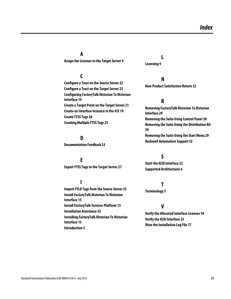 Index | Rockwell Automation FactoryTalk Historian SE 3.0 H2H Interface Installation and Configuration Guide User Manual | Page 31 / 32