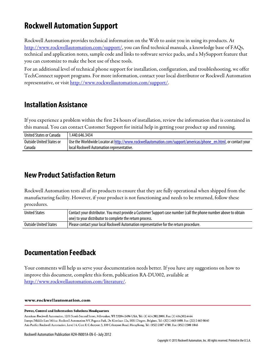 Rockwell automation support, Installation assistance, New product satisfaction return | Documentation feedback | Rockwell Automation FactoryTalk Historian SE 3.0 H2H Interface Installation and Configuration Guide User Manual | Page 32 / 32