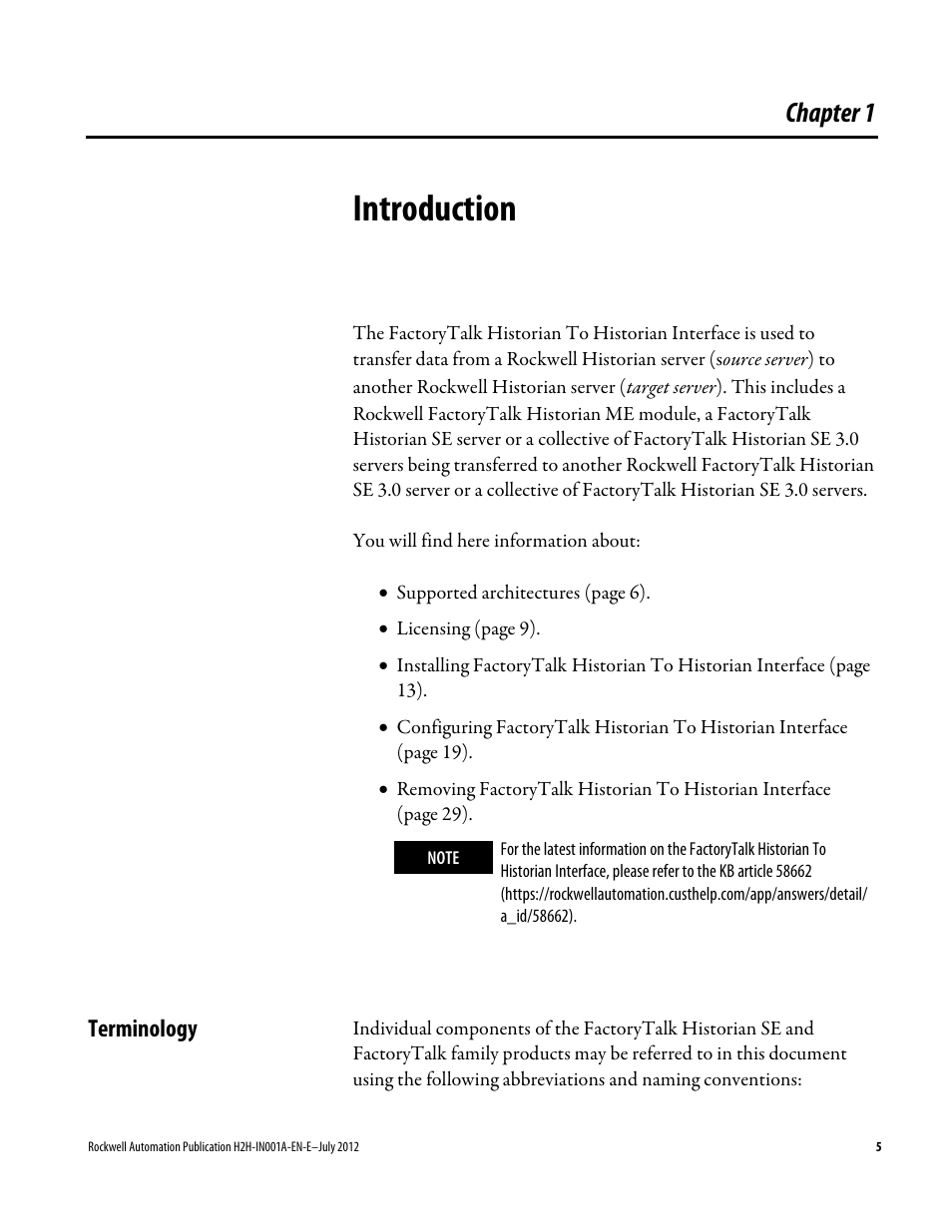 Introduction, Terminology, Chapter 1 | Rockwell Automation FactoryTalk Historian SE 3.0 H2H Interface Installation and Configuration Guide User Manual | Page 5 / 32