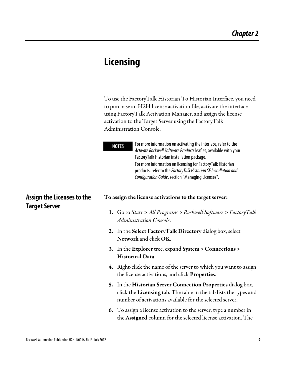 Licensing, Assign the licenses to the target server, Chapter 2 | Rockwell Automation FactoryTalk Historian SE 3.0 H2H Interface Installation and Configuration Guide User Manual | Page 9 / 32