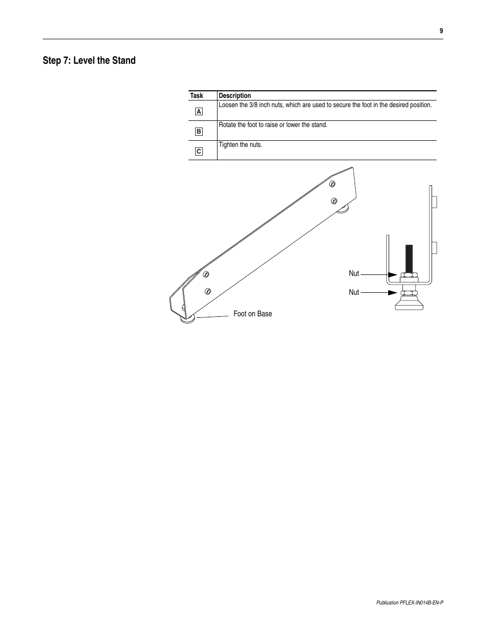 Step 7: level the stand | Rockwell Automation 20D PowerFlex 700S/700H Frame 10...14 Drives Maintenance Stand User Manual | Page 9 / 10