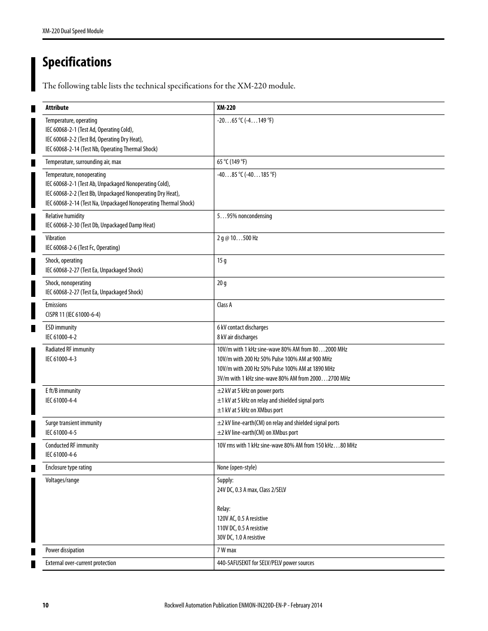 Specifications | Rockwell Automation 1440-SPD02-01RB XM-220 Dual Speed Module User Manual | Page 10 / 12