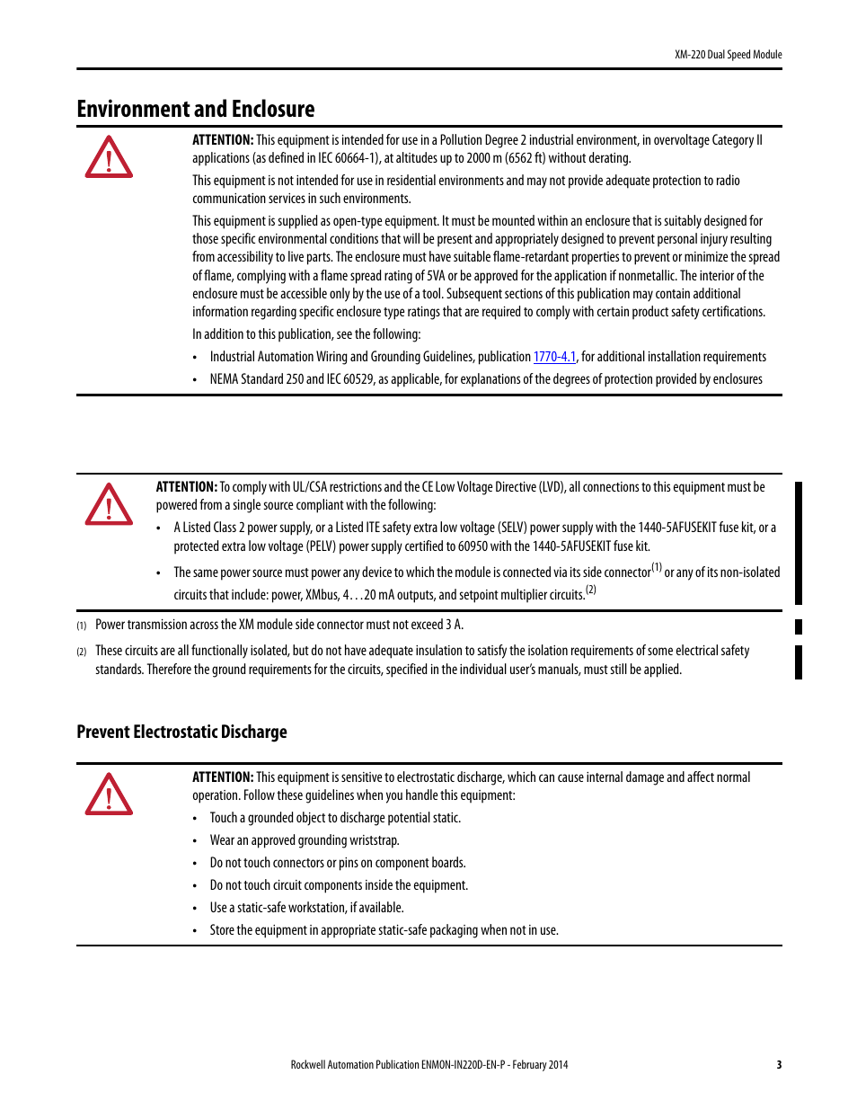 Environment and enclosure, Prevent electrostatic discharge | Rockwell Automation 1440-SPD02-01RB XM-220 Dual Speed Module User Manual | Page 3 / 12