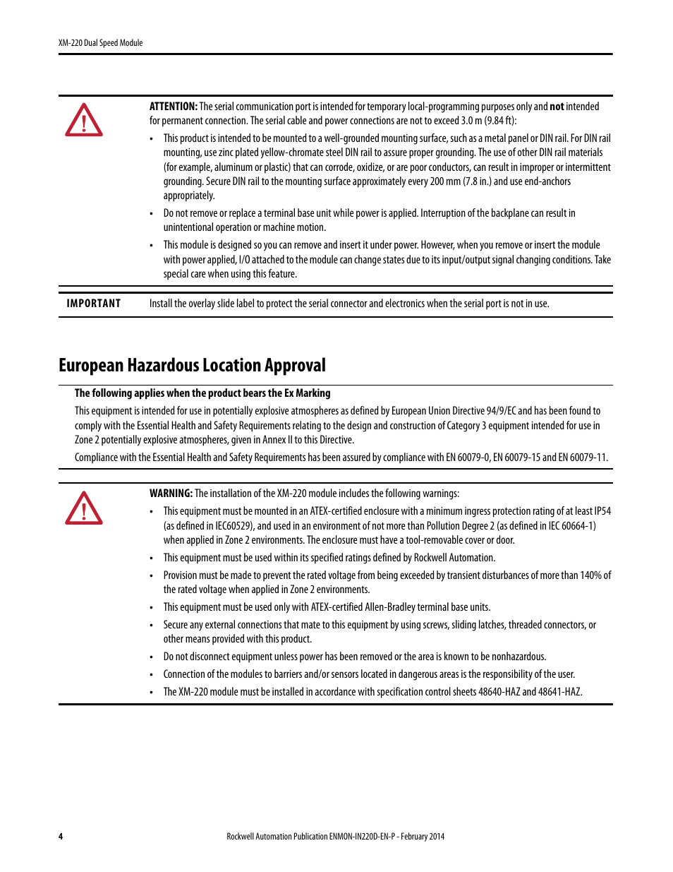 European hazardous location approval | Rockwell Automation 1440-SPD02-01RB XM-220 Dual Speed Module User Manual | Page 4 / 12