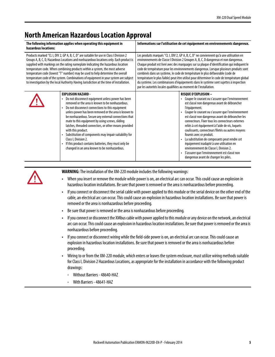 North american hazardous location approval | Rockwell Automation 1440-SPD02-01RB XM-220 Dual Speed Module User Manual | Page 5 / 12