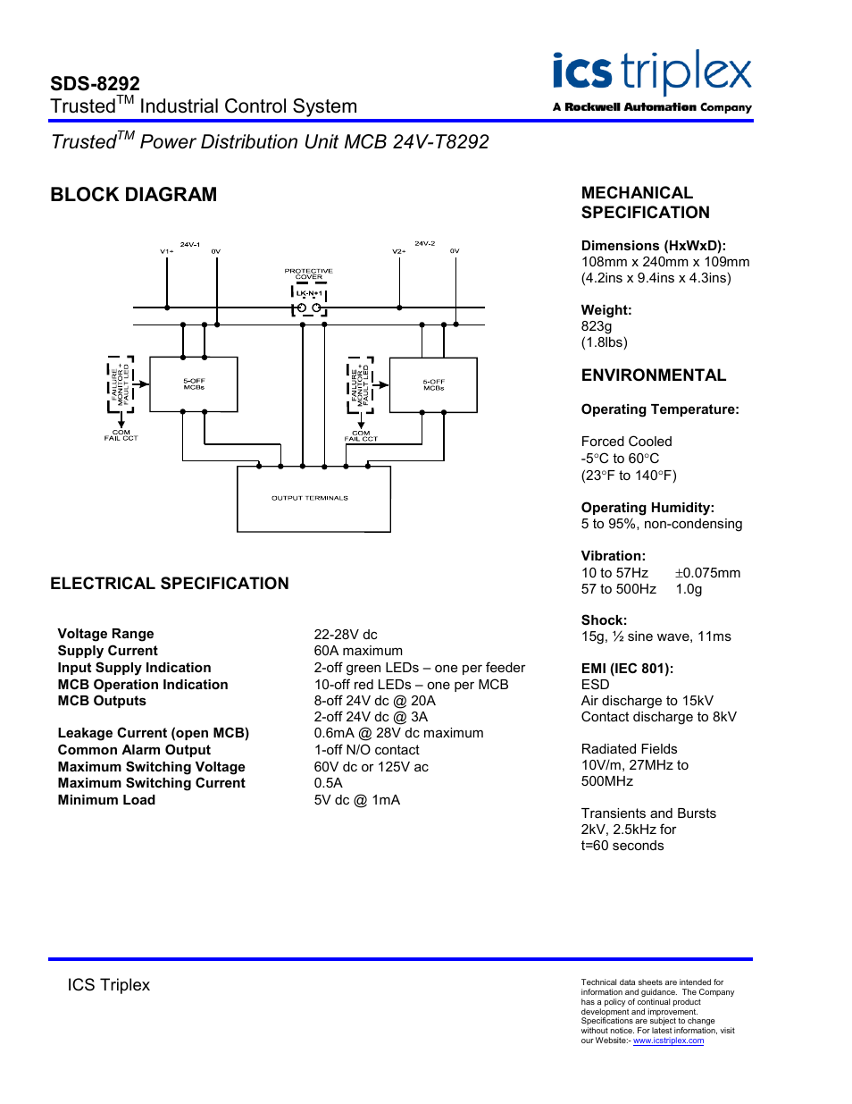 Block diagram, Electrical specification, Sds-8292 trusted | Industrial control system trusted | Rockwell Automation T8292 Trusted Power Distribution Unit MCB 24V User Manual | Page 2 / 2