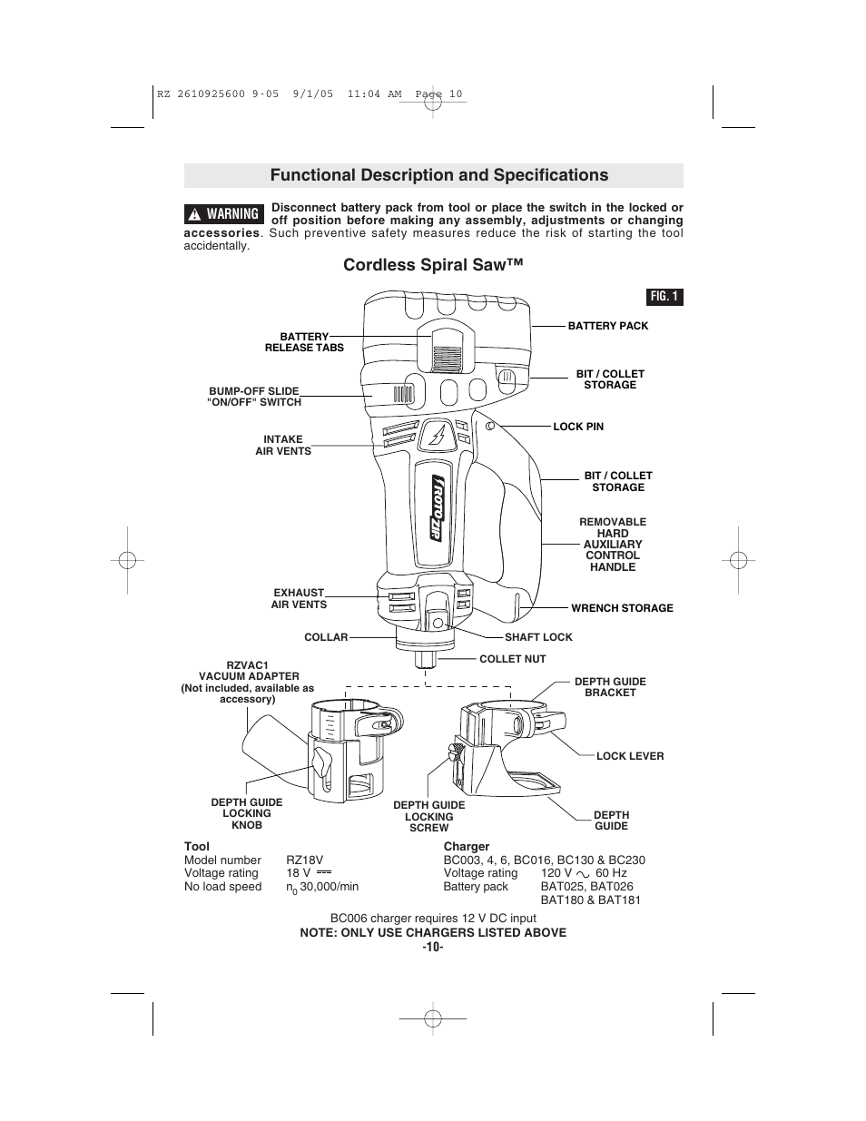 Functional description and specifications, Cordless spiral saw | Bosch ROTOZIP RZ18V User Manual | Page 10 / 64