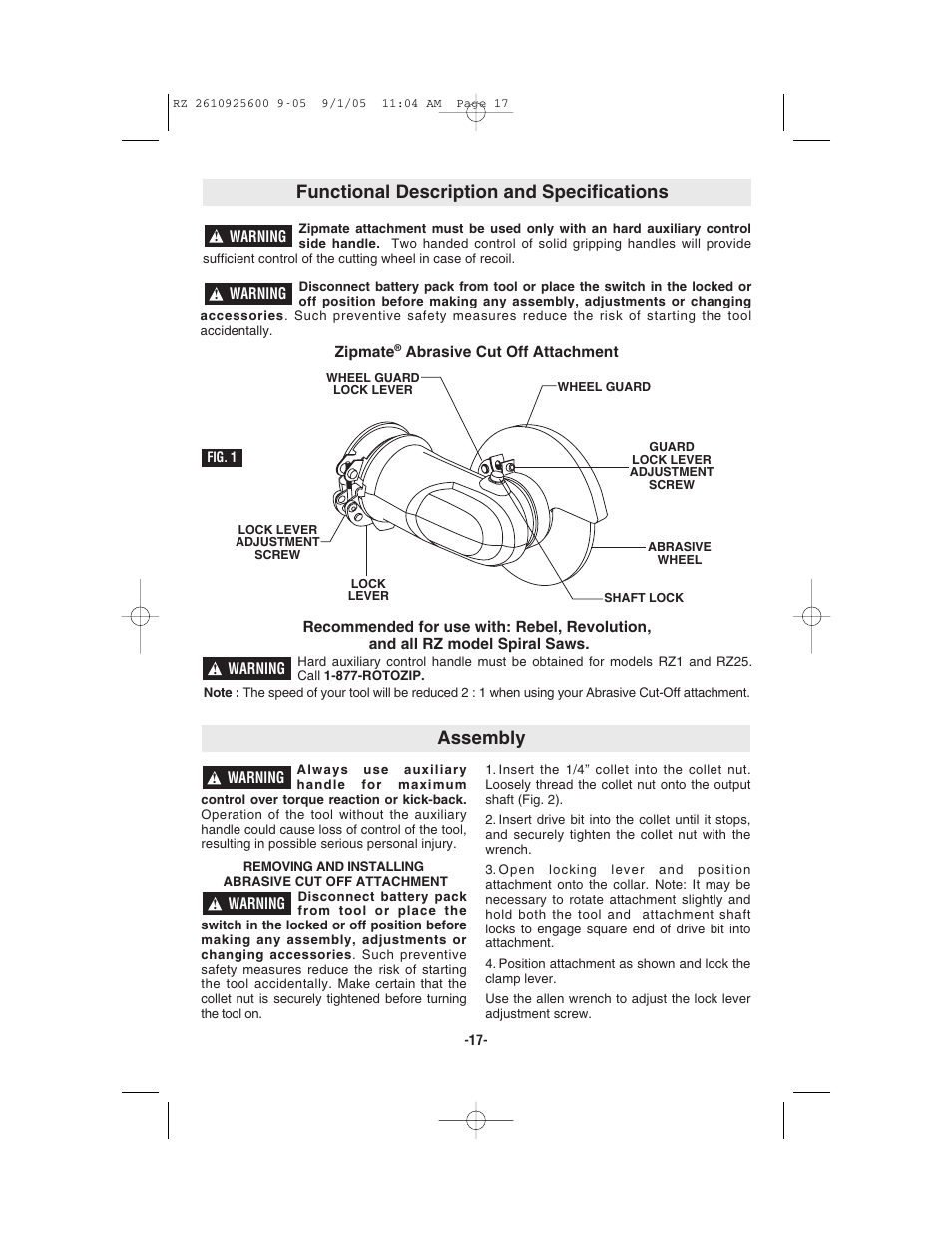 Assembly functional description and specifications | Bosch ROTOZIP RZ18V User Manual | Page 17 / 64