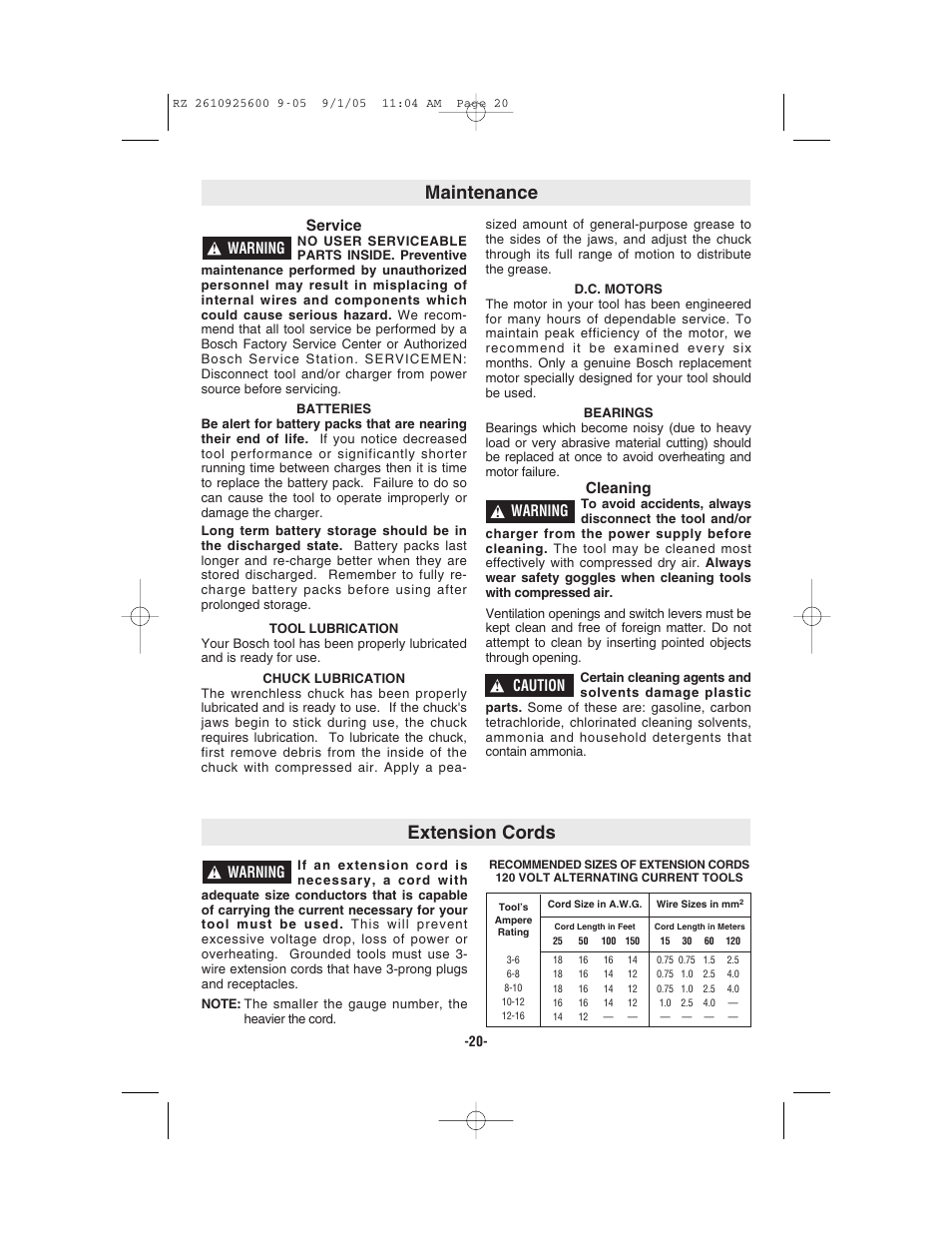 Maintenance, Extension cords, Service | Cleaning, Warning, Caution | Bosch ROTOZIP RZ18V User Manual | Page 20 / 64