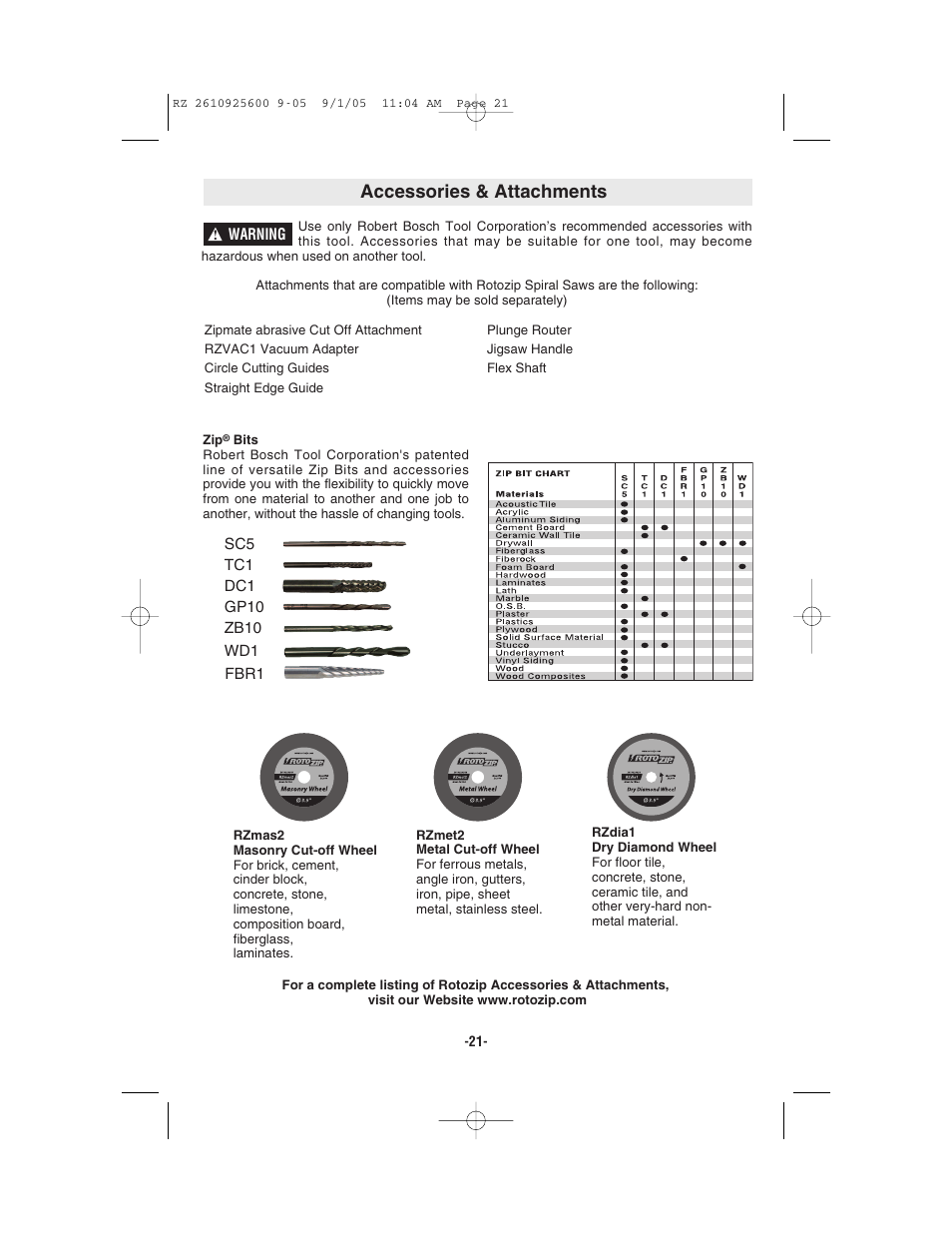 Accessories & attachments | Bosch ROTOZIP RZ18V User Manual | Page 21 / 64