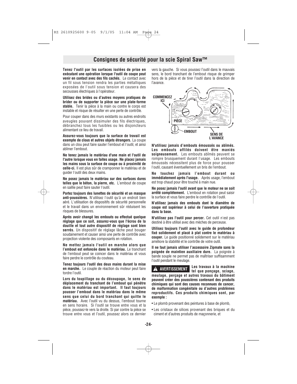 Consignes de sécurité pour la scie spiral saw | Bosch ROTOZIP RZ18V User Manual | Page 24 / 64