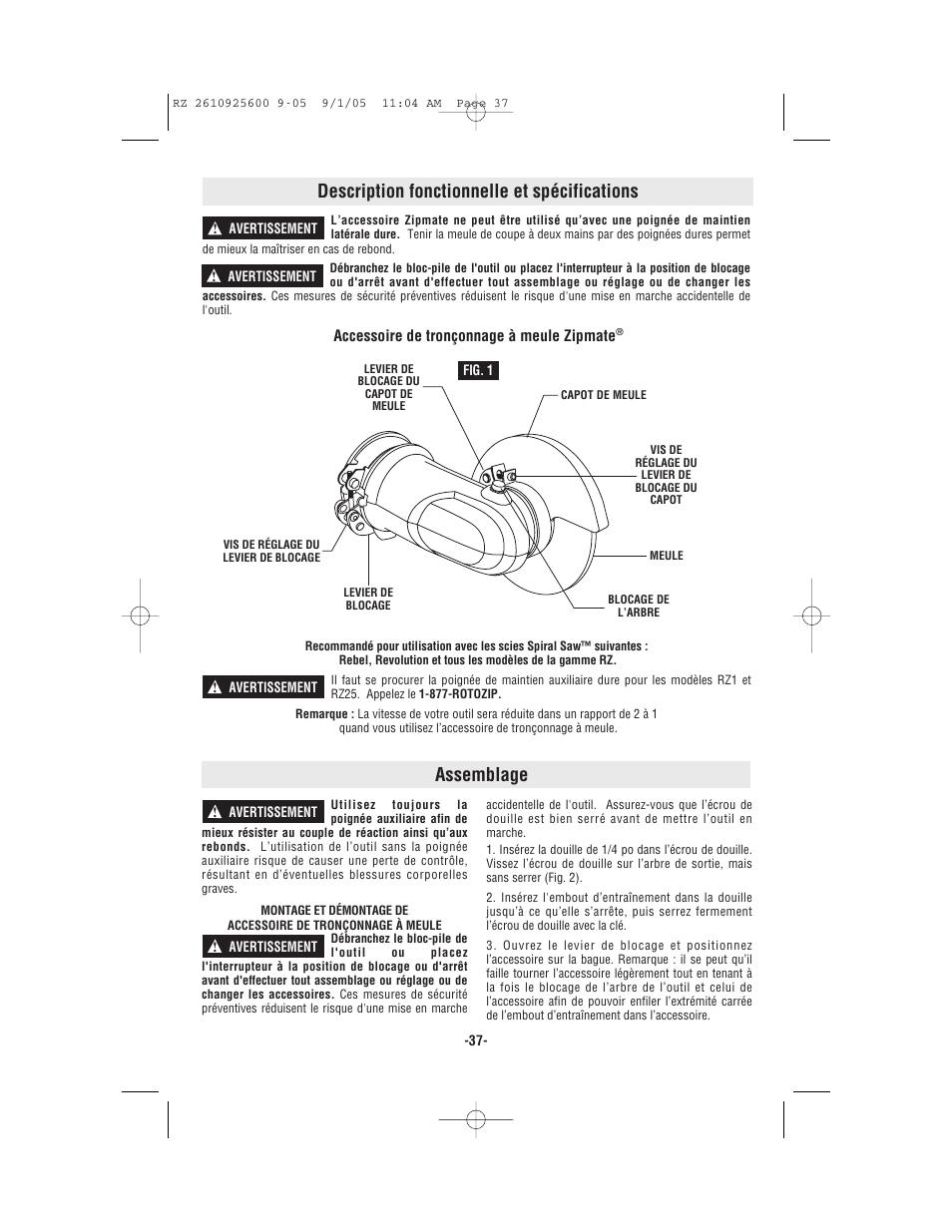 Description fonctionnelle et spécifications, Assemblage | Bosch ROTOZIP RZ18V User Manual | Page 37 / 64