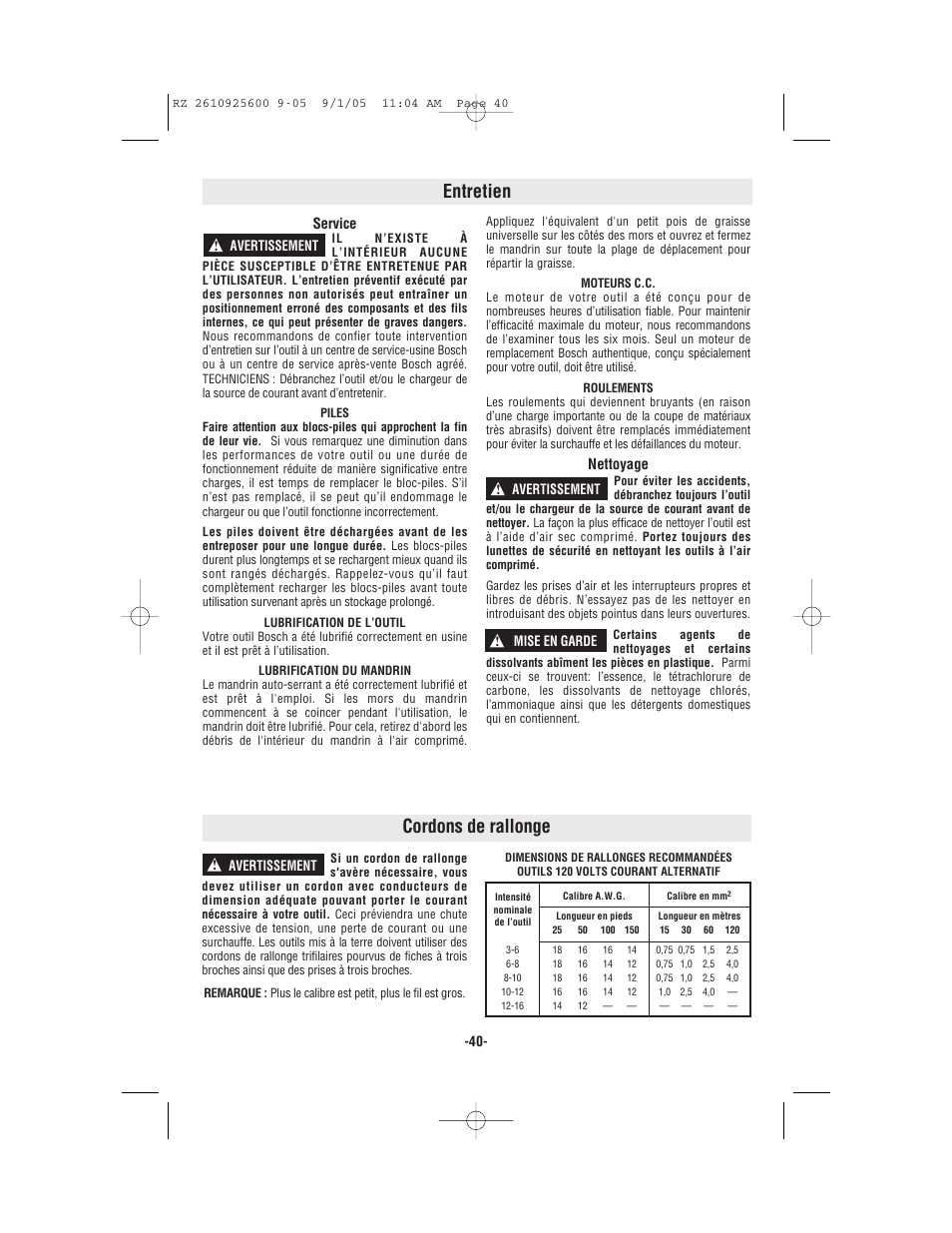 Entretien, Cordons de rallonge | Bosch ROTOZIP RZ18V User Manual | Page 40 / 64