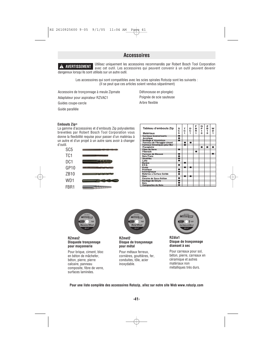 Accessoires | Bosch ROTOZIP RZ18V User Manual | Page 41 / 64