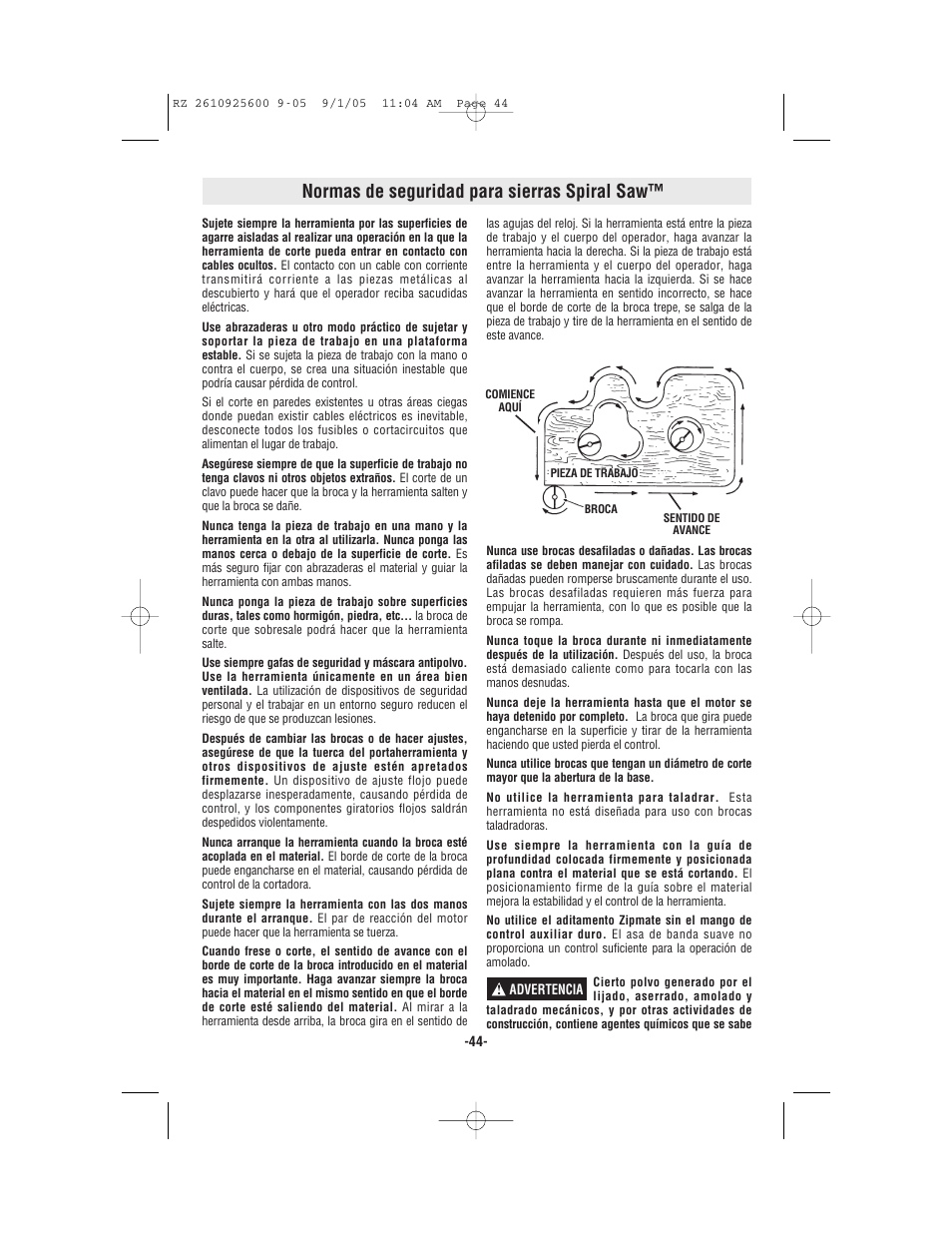 Normas de seguridad para sierras spiral saw | Bosch ROTOZIP RZ18V User Manual | Page 44 / 64