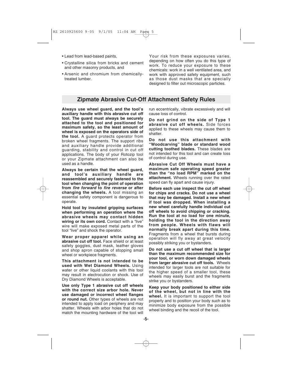 Zipmate abrasive cut-off attachment safety rules | Bosch ROTOZIP RZ18V User Manual | Page 5 / 64