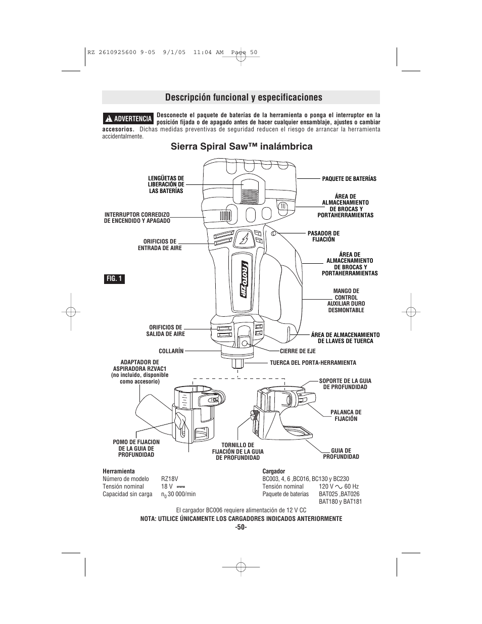 Descripción funcional y especificaciones, Sierra spiral saw™ inalámbrica | Bosch ROTOZIP RZ18V User Manual | Page 50 / 64