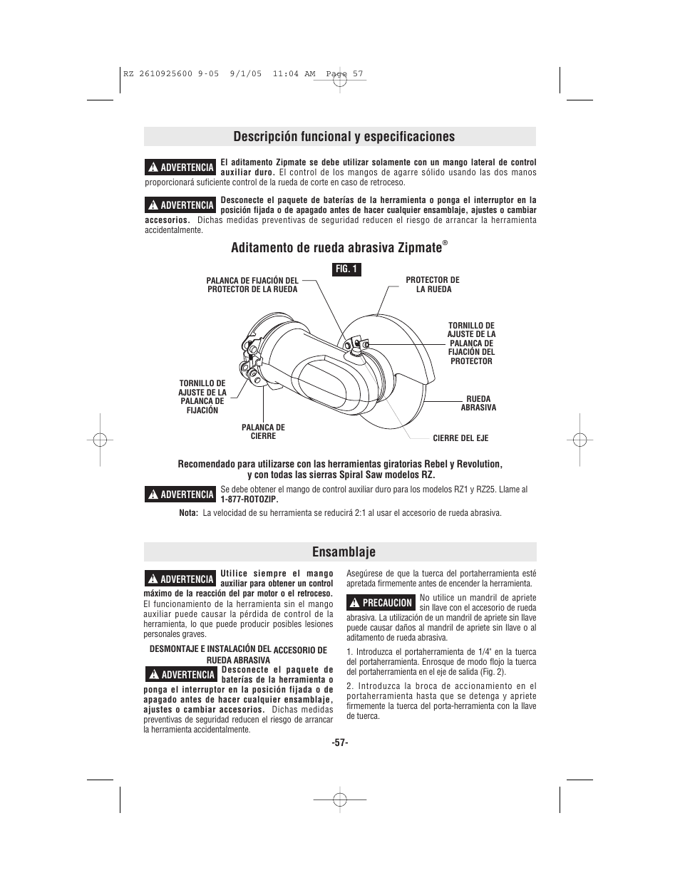 Descripción funcional y especificaciones, Aditamento de rueda abrasiva zipmate, Ensamblaje | Bosch ROTOZIP RZ18V User Manual | Page 57 / 64