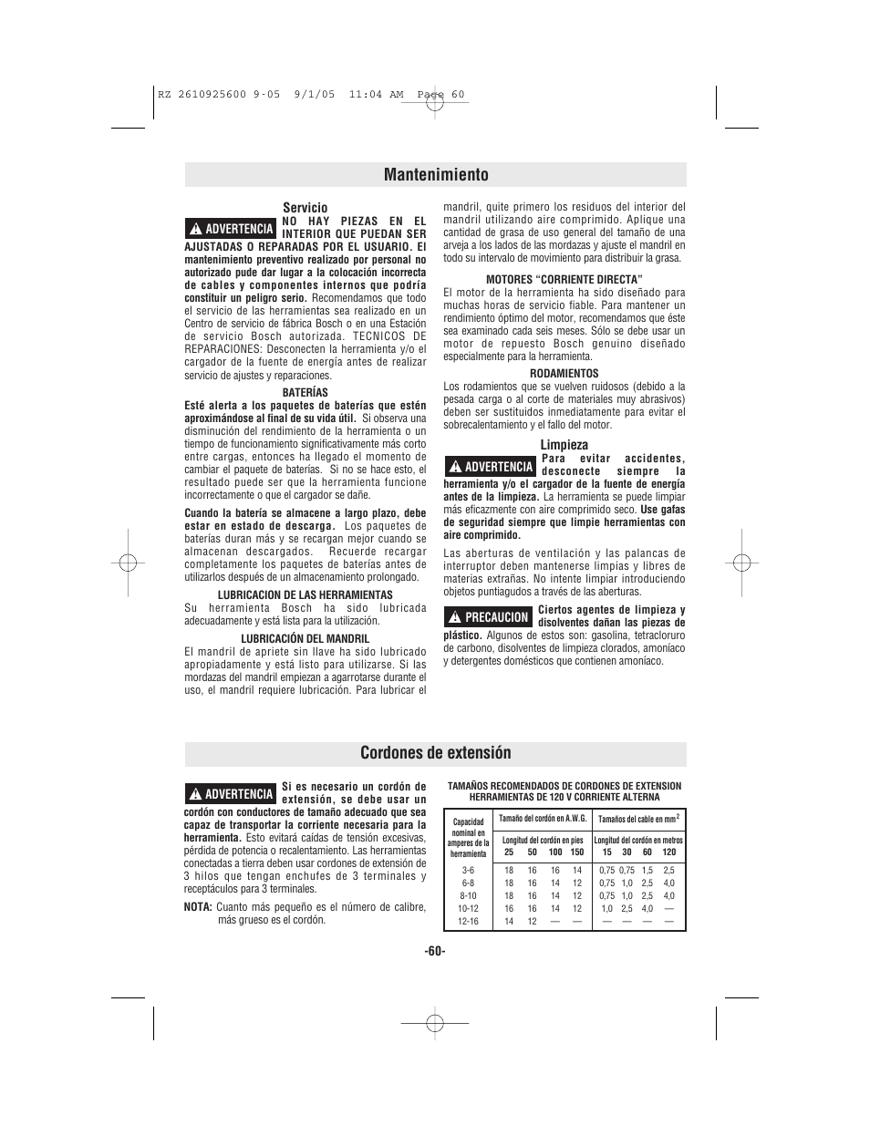 Mantenimiento, Cordones de extensión | Bosch ROTOZIP RZ18V User Manual | Page 60 / 64