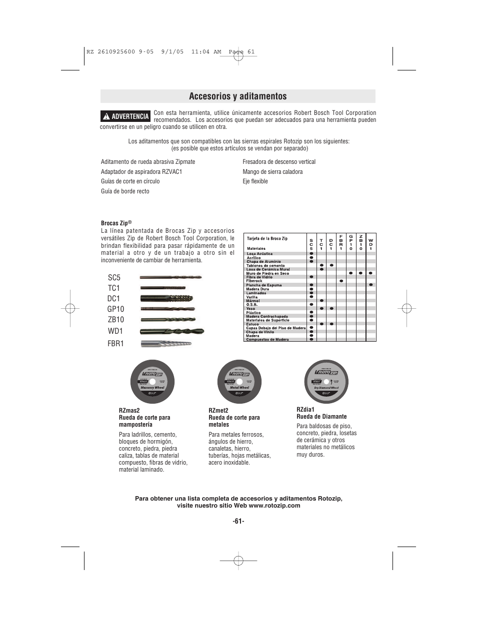 Accesorios y aditamentos | Bosch ROTOZIP RZ18V User Manual | Page 61 / 64