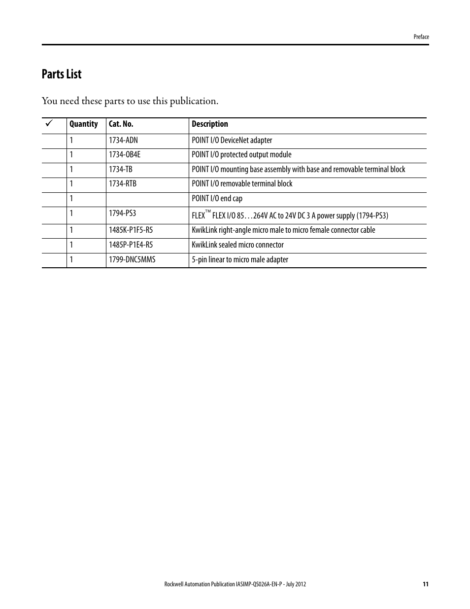 Parts list | Rockwell Automation Logix5000 Control Systems: Connect POINT I/O Modules over a DeviceNet Network Quick Start User Manual | Page 11 / 62