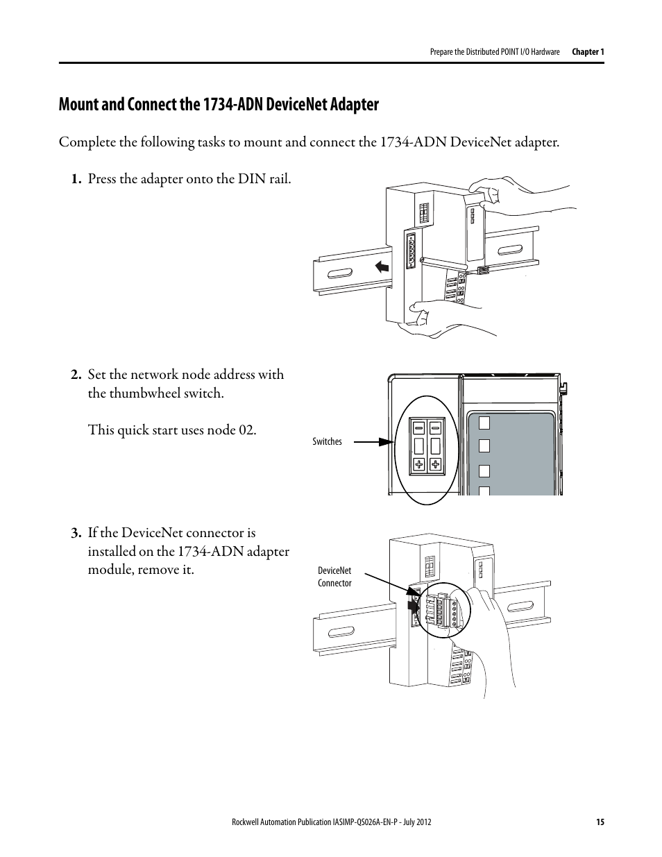 Mount and connect the 1734-adn devicenet adapter, Mount and connect, The 1734-adn | Devicenet adapter | Rockwell Automation Logix5000 Control Systems: Connect POINT I/O Modules over a DeviceNet Network Quick Start User Manual | Page 15 / 62