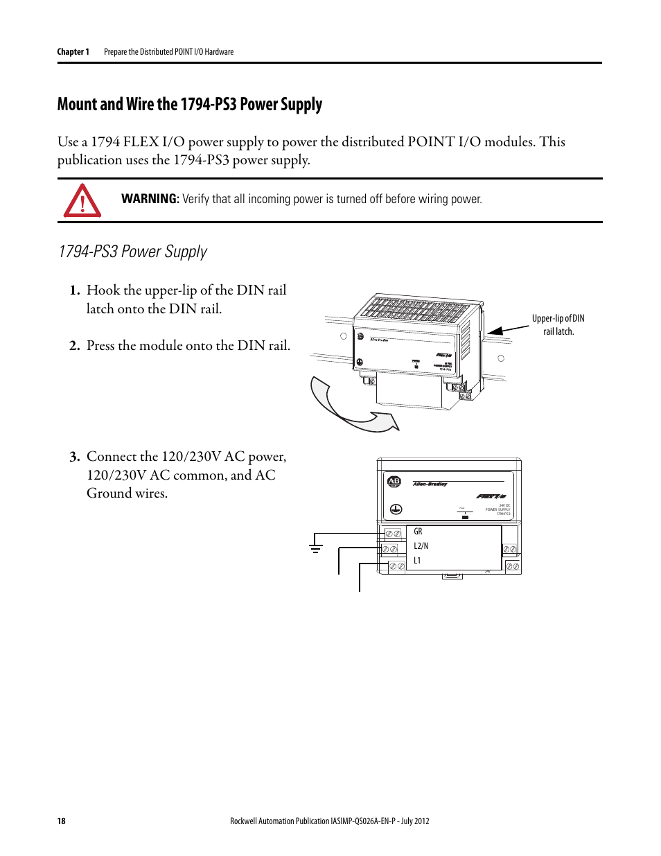 Mount and wire the 1794-ps3 power supply, Mount and wire the, 1794-ps3 power | Supply, Upper-lip of din rail latch, Gr l2/n l1 | Rockwell Automation Logix5000 Control Systems: Connect POINT I/O Modules over a DeviceNet Network Quick Start User Manual | Page 18 / 62