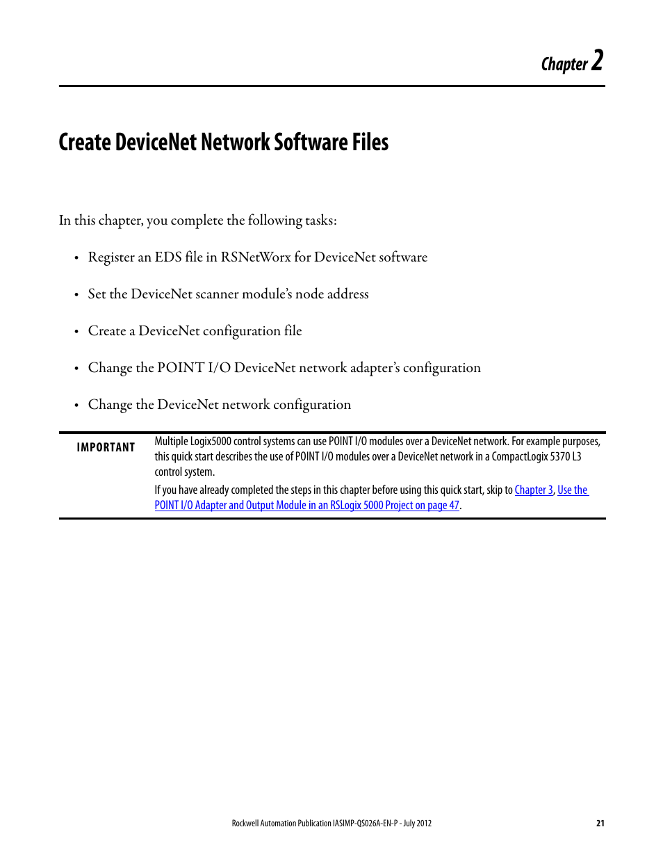 2 - create devicenet network software files, Chapter 2, Create devicenet network software files | The tasks in, Described in, Create devicenet, Network software files, Chapter | Rockwell Automation Logix5000 Control Systems: Connect POINT I/O Modules over a DeviceNet Network Quick Start User Manual | Page 21 / 62