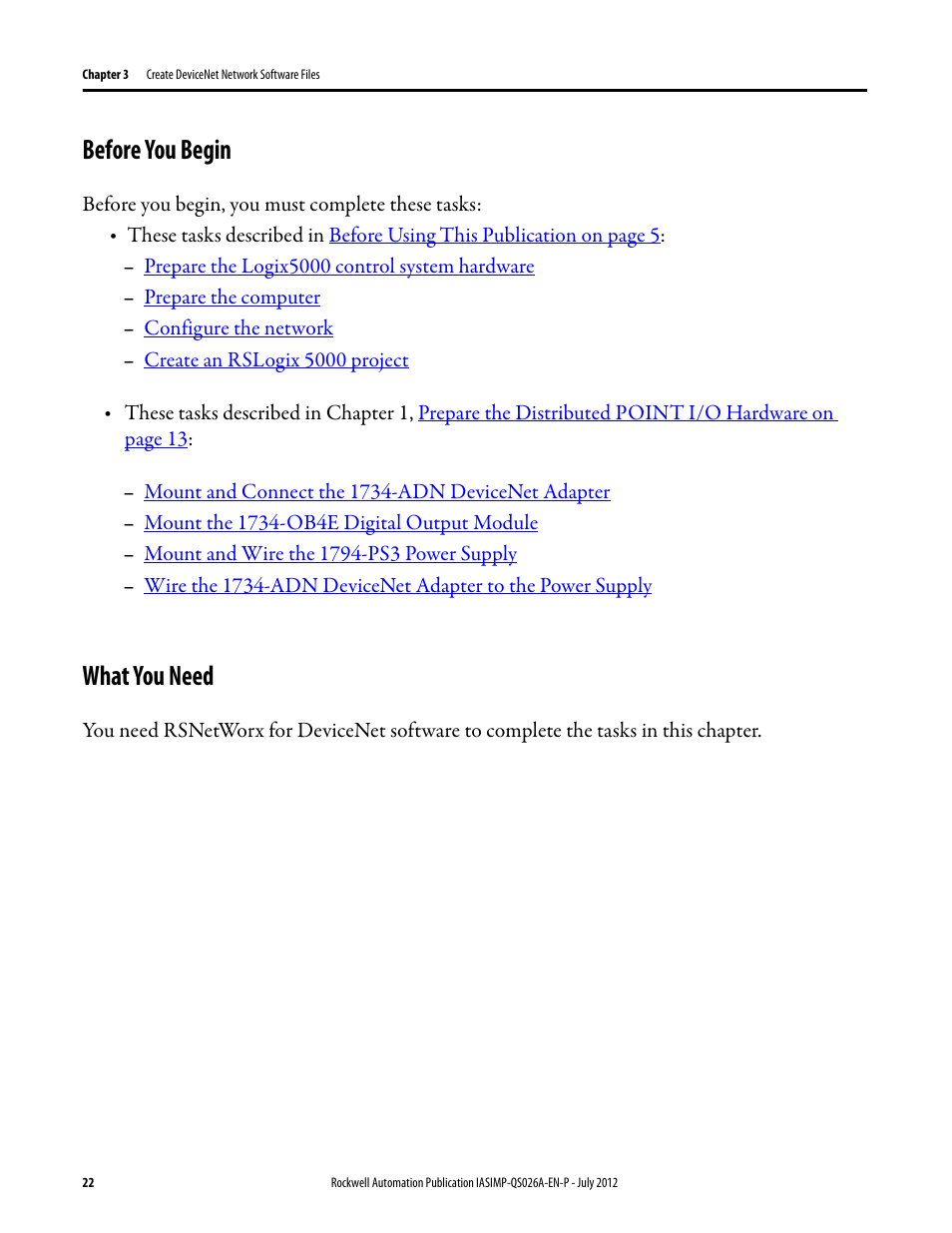 Before you begin, What you need, Before you begin what you need | Rockwell Automation Logix5000 Control Systems: Connect POINT I/O Modules over a DeviceNet Network Quick Start User Manual | Page 22 / 62