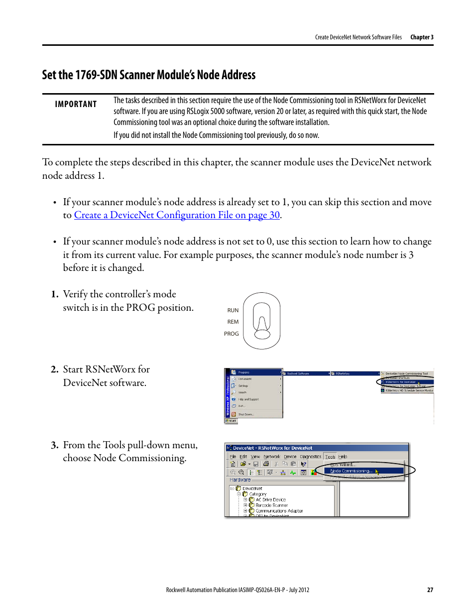 Set the 1769-sdn scanner module’s node address, Set the 1769-sdn, Scanner module’s | Node address, Ip to, Set the | Rockwell Automation Logix5000 Control Systems: Connect POINT I/O Modules over a DeviceNet Network Quick Start User Manual | Page 27 / 62
