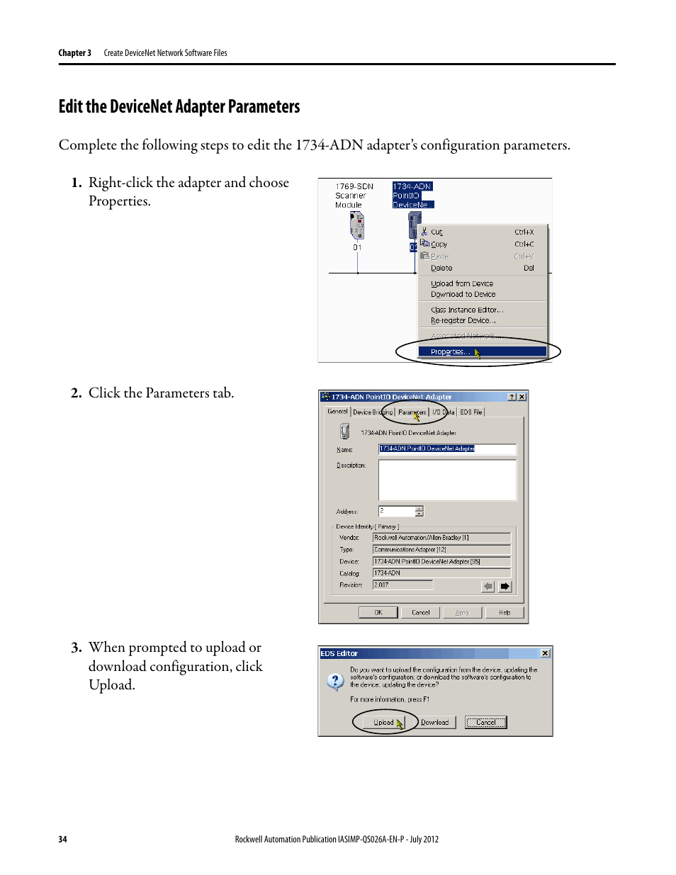 Edit the devicenet adapter parameters, Edit the devicenet, Adapter paramete | Rockwell Automation Logix5000 Control Systems: Connect POINT I/O Modules over a DeviceNet Network Quick Start User Manual | Page 34 / 62