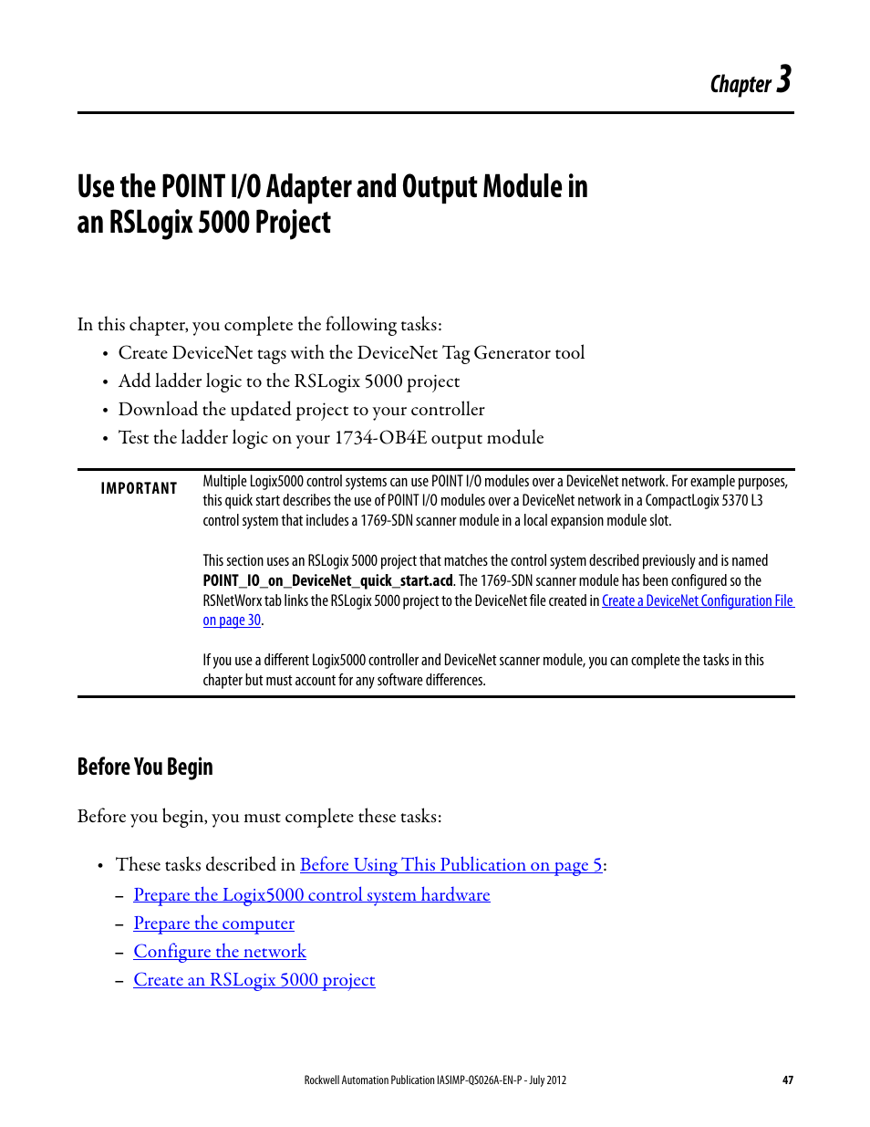 Before you begin, Chapter 3, But y | Use the point i/o adapter, And output module in, An rslogix 5000 project, Use the, Chapter | Rockwell Automation Logix5000 Control Systems: Connect POINT I/O Modules over a DeviceNet Network Quick Start User Manual | Page 47 / 62