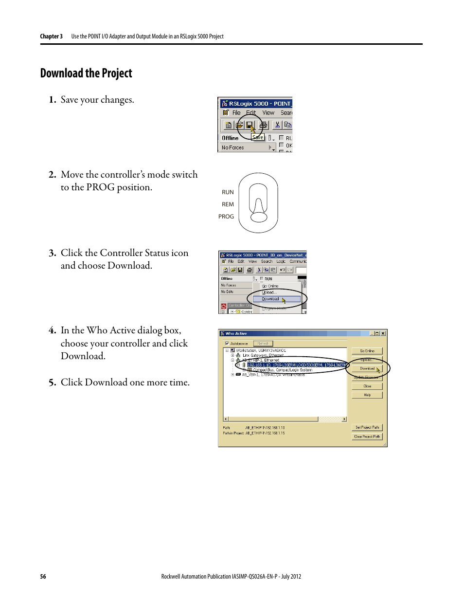 Download the project, Download the, Project | Rockwell Automation Logix5000 Control Systems: Connect POINT I/O Modules over a DeviceNet Network Quick Start User Manual | Page 56 / 62