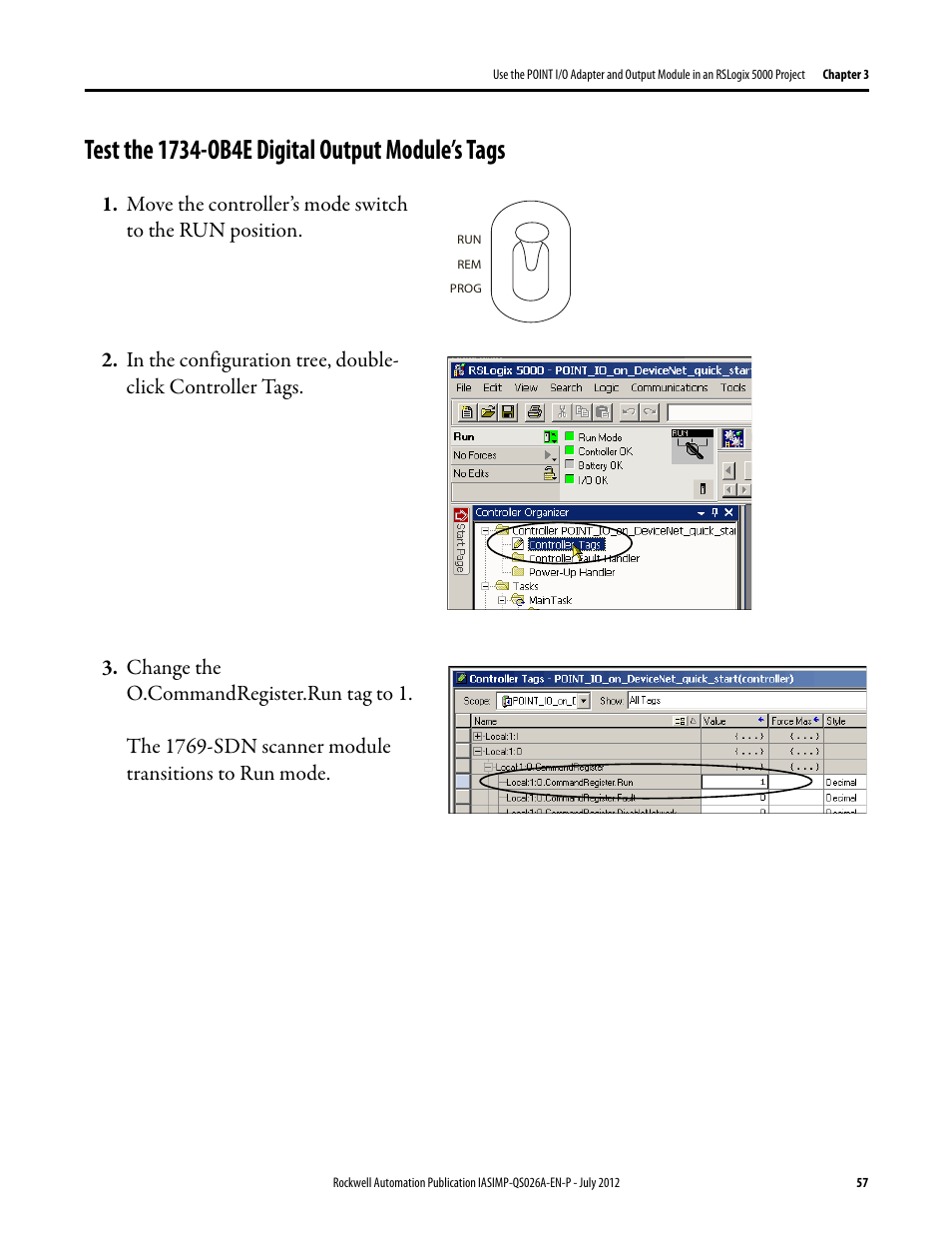 Test the 1734-ob4e digital output module’s tags, Test the 1734-ob4e, Digital output | Module’s tags | Rockwell Automation Logix5000 Control Systems: Connect POINT I/O Modules over a DeviceNet Network Quick Start User Manual | Page 57 / 62