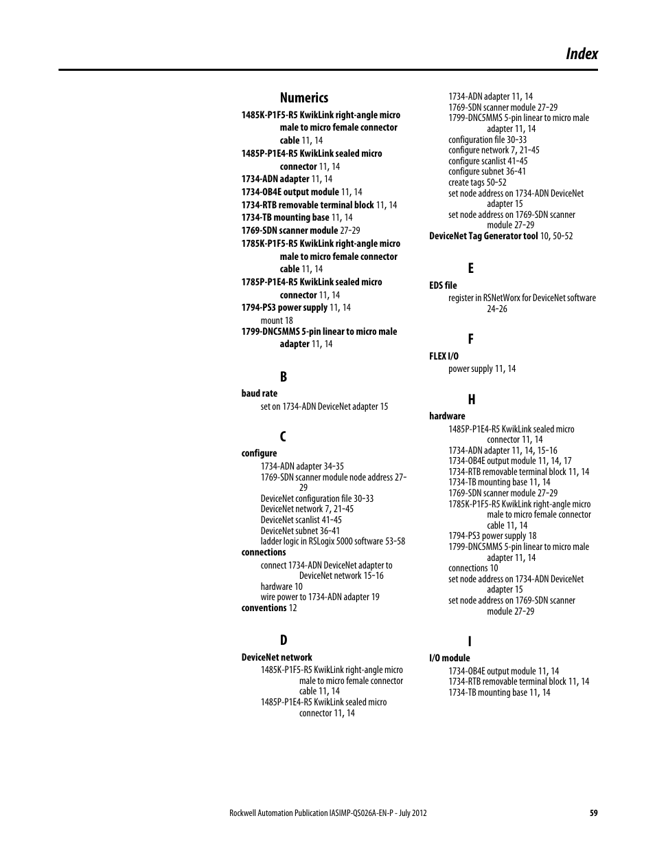 Index, Numerics | Rockwell Automation Logix5000 Control Systems: Connect POINT I/O Modules over a DeviceNet Network Quick Start User Manual | Page 59 / 62