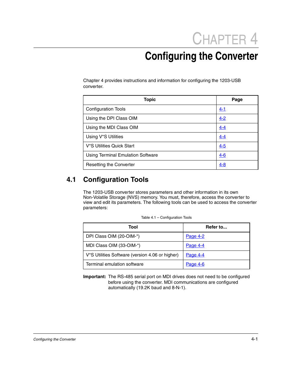 Chapter 4 configuring the converter, Chapter 4, Configuration tools -1 | Hapter, Configuring the converter, 1 configuration tools | Rockwell Automation 1203-USB USB Converter  (Same as DRIVES-UM001) Out of synch with AB version. User Manual | Page 19 / 76