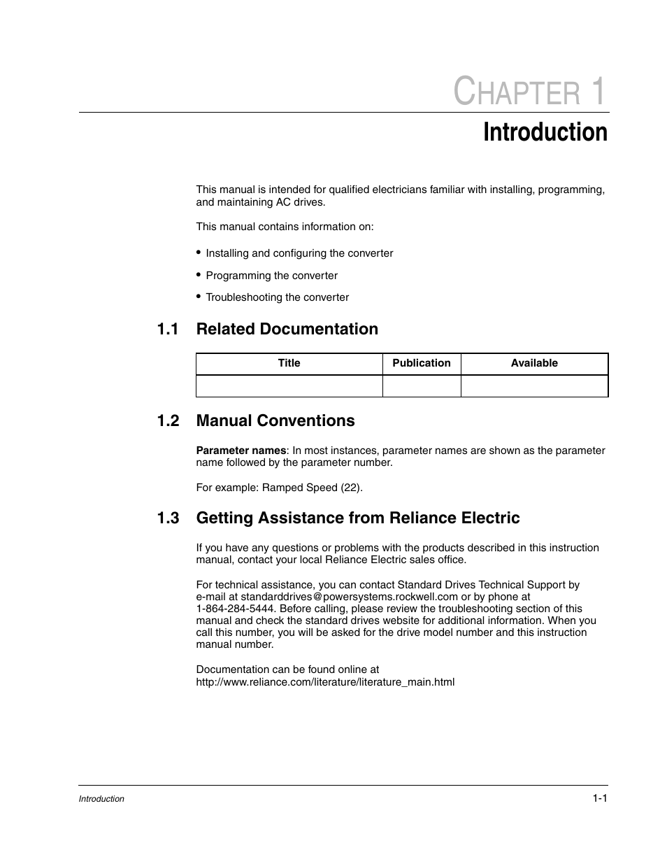 Chapter 1 introduction, Chapter 1, Related documentation -1 | Manual conventions -1, Getting assistance from reliance electric -1, Hapter, Introduction | Rockwell Automation 1203-USB USB Converter  (Same as DRIVES-UM001) Out of synch with AB version. User Manual | Page 5 / 76