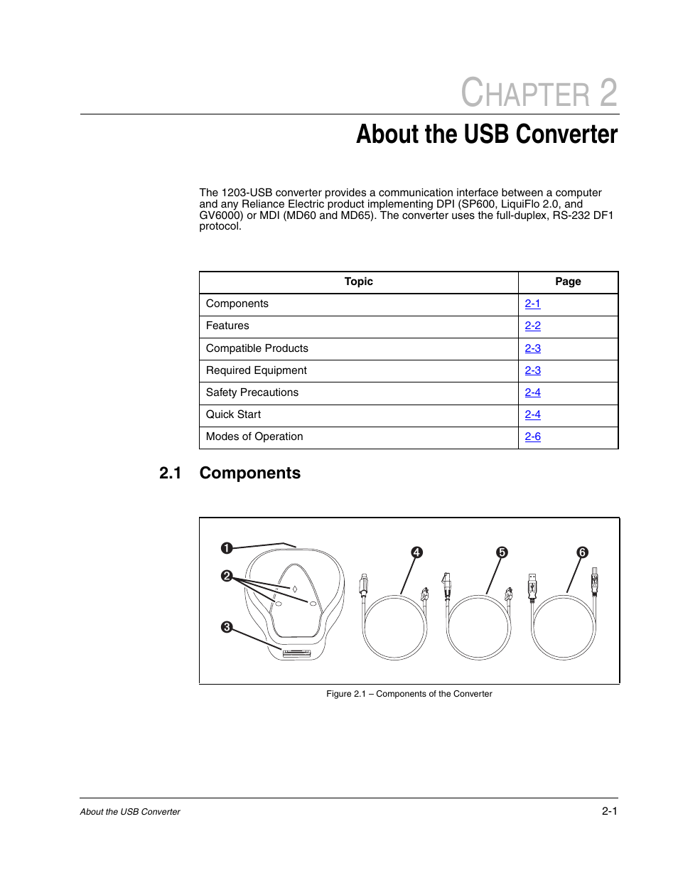 Chapter 2 about the usb converter, Chapter 2, Components -1 | Hapter, About the usb converter | Rockwell Automation 1203-USB USB Converter  (Same as DRIVES-UM001) Out of synch with AB version. User Manual | Page 7 / 76