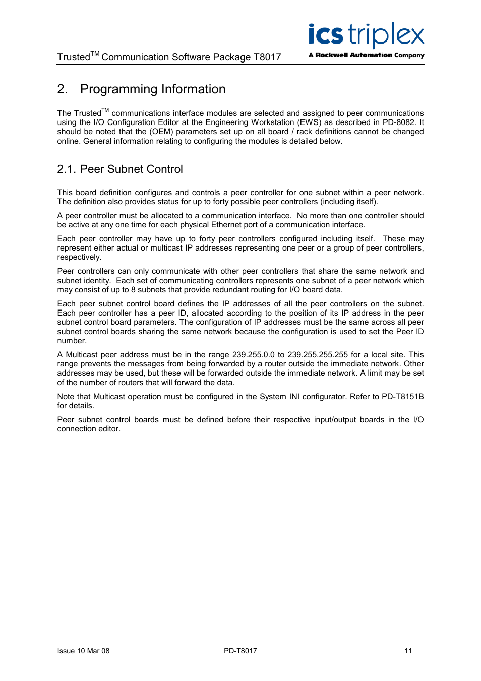 Programming information, Peer subnet control | Rockwell Automation T8017 Trusted Peer to Peer Communications User Manual | Page 11 / 46