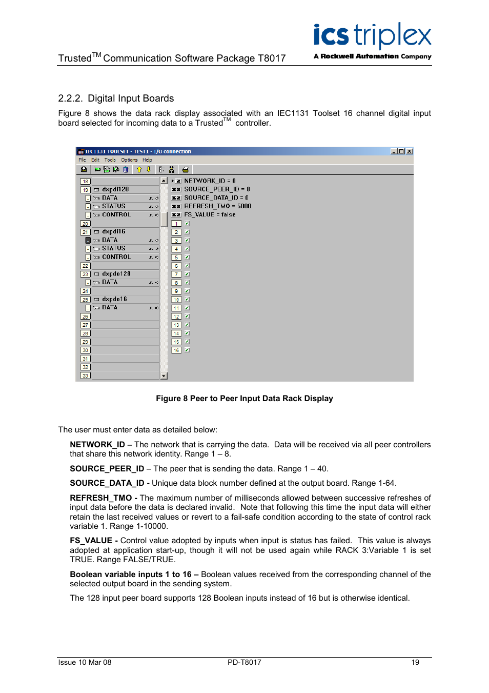 Digital input boards, Figure 8 peer to peer input data rack display, Trusted | Communication software package t8017 | Rockwell Automation T8017 Trusted Peer to Peer Communications User Manual | Page 19 / 46